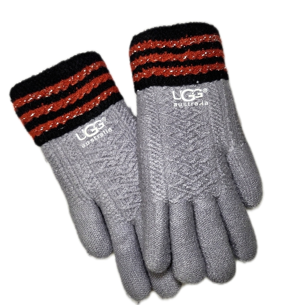 UGG Women's Gray Knit Gloves with Black and Red Stripes